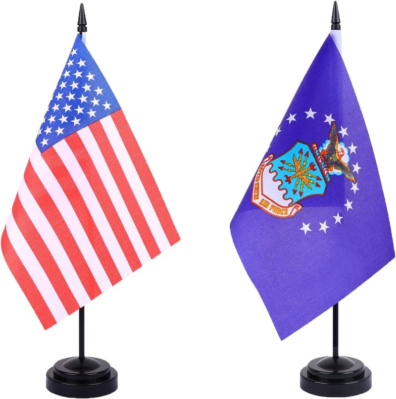 WXTWK 2 Pack USA Air Force Flag Air Force Deluxe Desk Flag Set - Mini Small US Military Table Office Flags with Black 12" Solid Pole Stand Base July 4th Veteran Party Memorial Day Decorations - Image 1